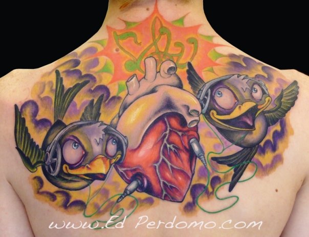 Fantasy Swallow Heart Back Tattoo by Ed Perdomo