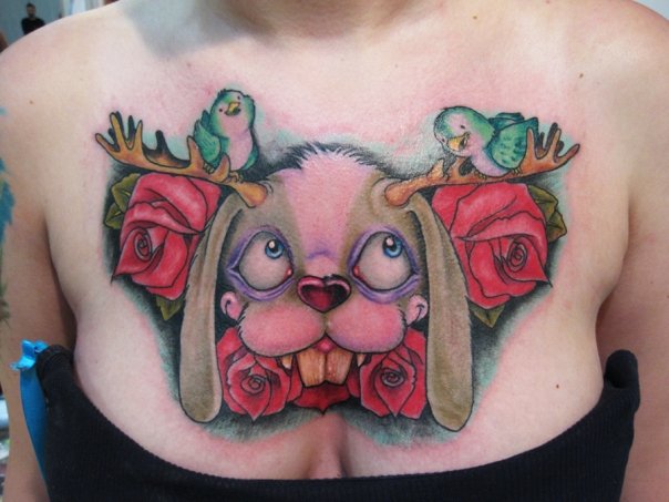 Fantasy Flower Rabbit Breast Deer Tattoo by Ed Perdomo