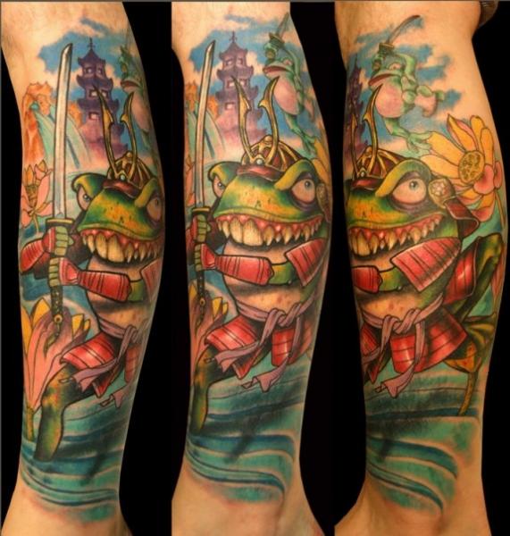 Tatuaggio Fantasy Gamba Samurai Rana di Ed Perdomo