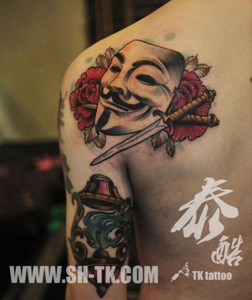 Shoulder Mask Dagger Tattoo by SH TH