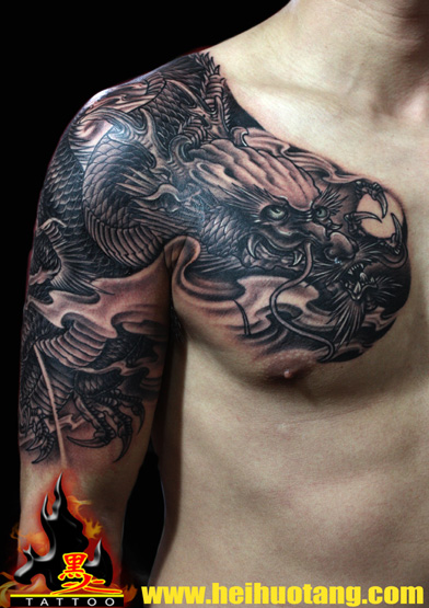 Shoulder Chest Japanese Dragon Tattoo by Heihuotang Tattoo