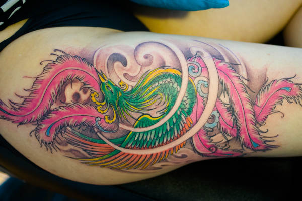 Fantasy Leg Feather Phoenix Tattoo by GZ Tattoo