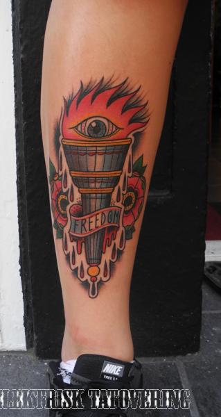 Calf Old School Flame Tattoo by Elektrisk Tatovering
