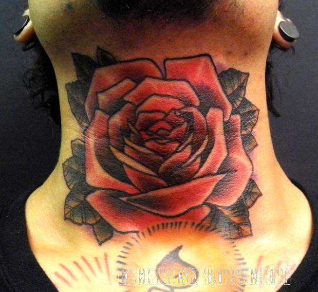 Old School Flower Neck Rose Tattoo by Elektrisk Tatovering