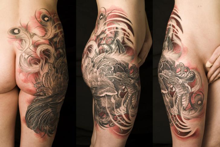 Tatuaggio Fantasy Gamba Schiena Sedere Fenice di Shane Tan