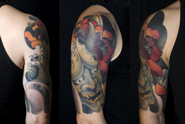 Shoulder Flower Japanese Demon Tattoo by Shane Tan