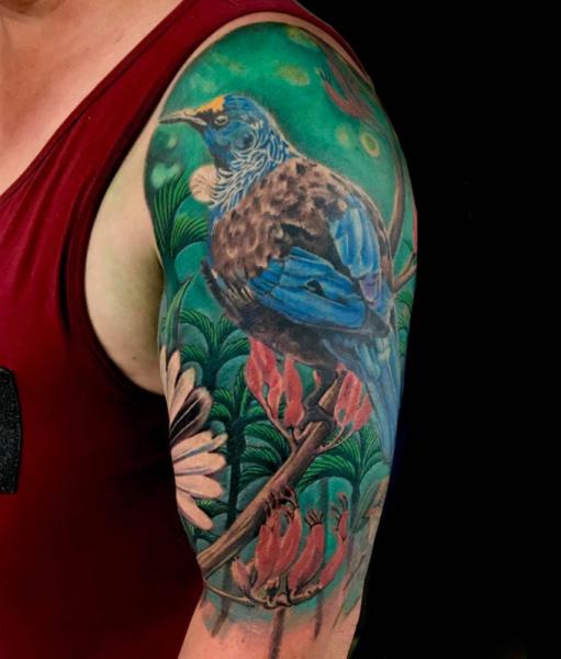 Shoulder Arm Realistic Flower Bird Tattoo by Blue Lotus