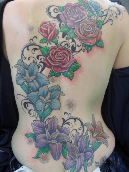 Realistic Back Flowers Tattoo by Blue Lotus