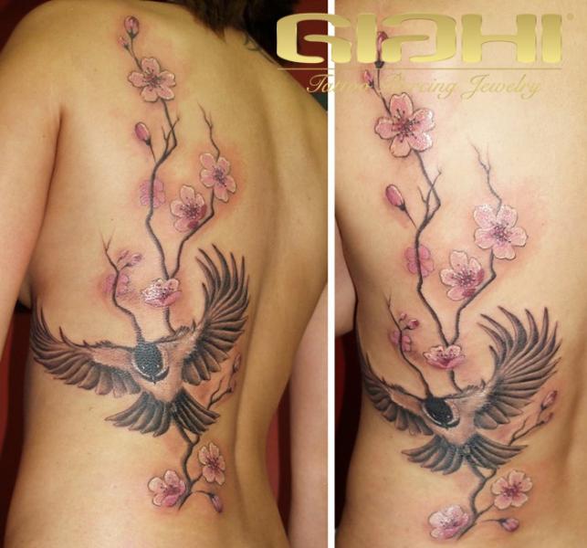 Realistic Flower Back Cherry Bird Tattoo by Giahi