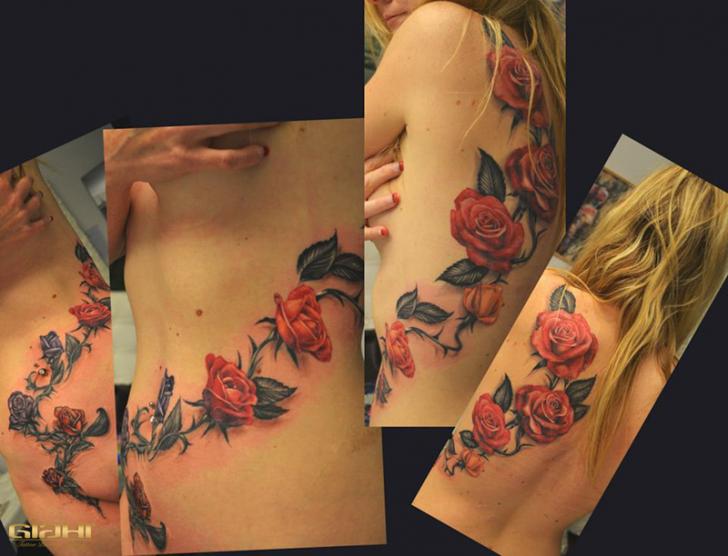 Realistic Flower Side Back Tattoo by Giahi