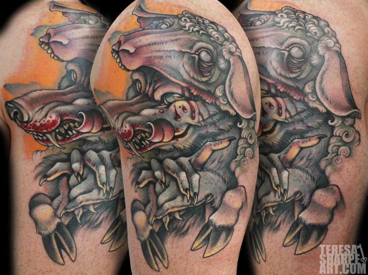 Tatuaje Hombro Fantasy Lobo Sangre Cordero por Teresa Sharpe
