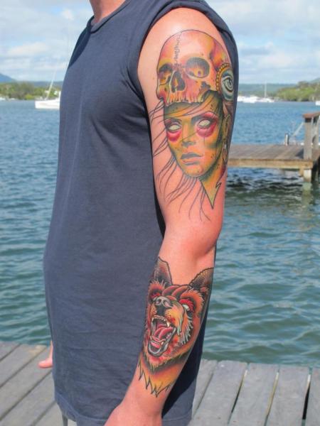 Arm Skull Women Wolf Tattoo by Sam Clark