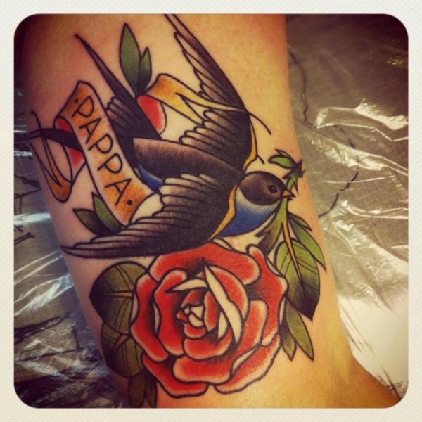 Arm Old School Flower Sparrow Tattoo by Lucky 7 Tattoos