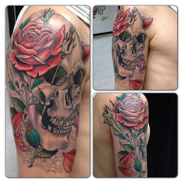 Shoulder Flower Skull Tattoo by Lucky 7 Tattoos