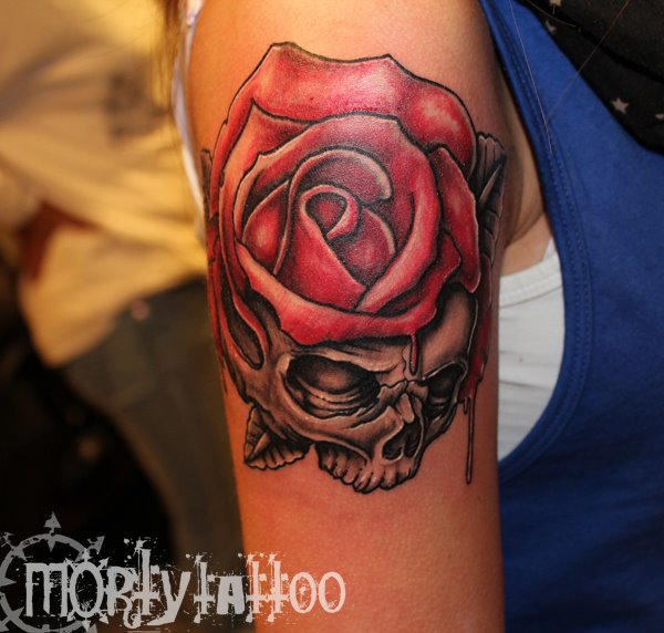 Shoulder Flower Skull Tattoo by Stay True Tattoo