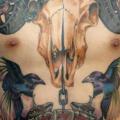 Brust Totenkopf Bauch Vogel tattoo von Evil From The Needle
