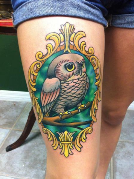 Owl Medallion Thigh Tattoo by Rogue Leader Tattoo