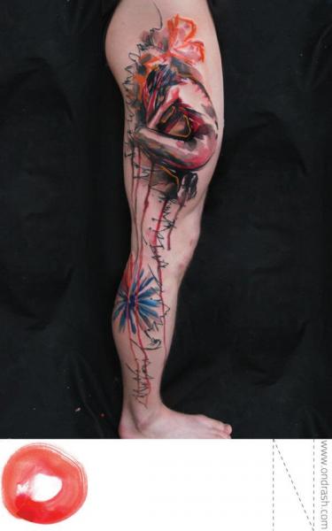 Leg Flower Trash Polka Men Tattoo by Ondrash Tattoo