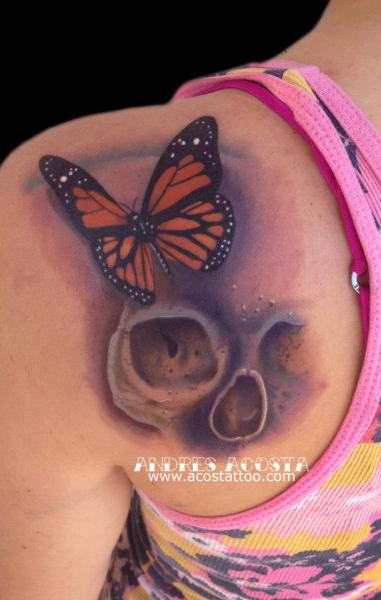 Shoulder Skull Butterfly Tattoo by Andres Acosta