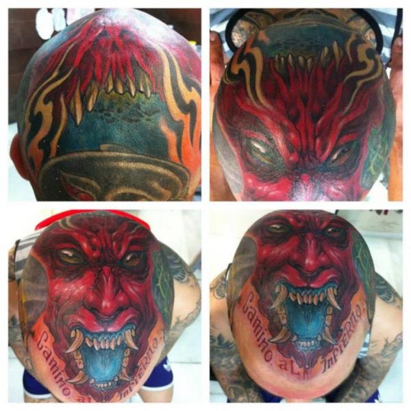 Tatuaggio Scritte Testa Demoni Diavolo di Silvercrane Tattoo