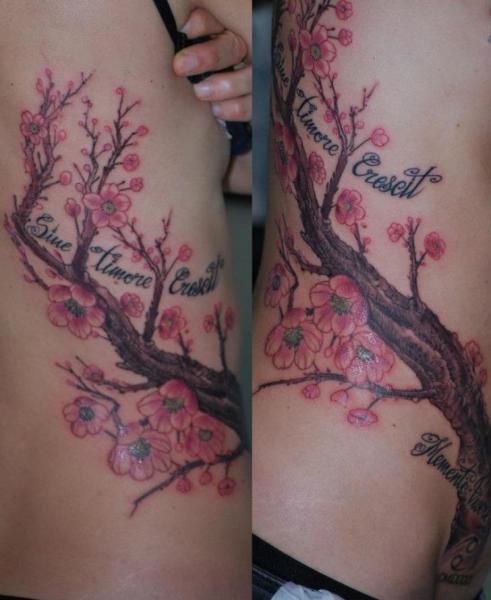 Realistic Side Lettering Cherry Tree Tattoo by Silvercrane Tattoo