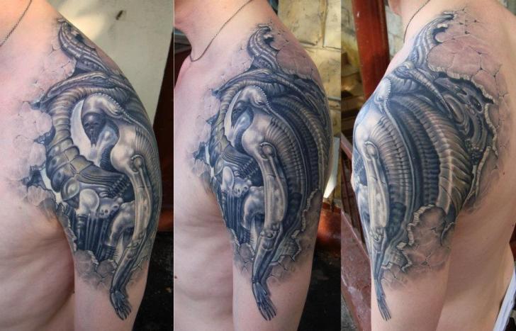 Shoulder Biomechanical Tattoo by Roman Kuznetsov Tattoo