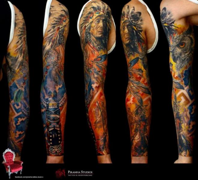 Tatuaż Realistyczny Indianin Rękaw przez Piranha Tattoo Supplies