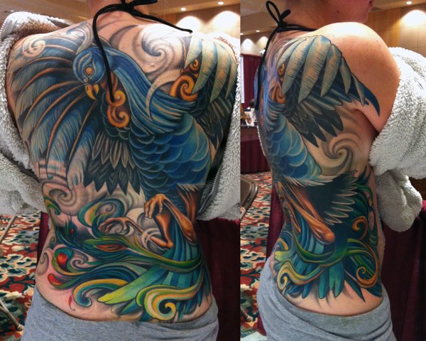 Tatuaje Fantasy Espalda Fénix por Vince Villalvazo