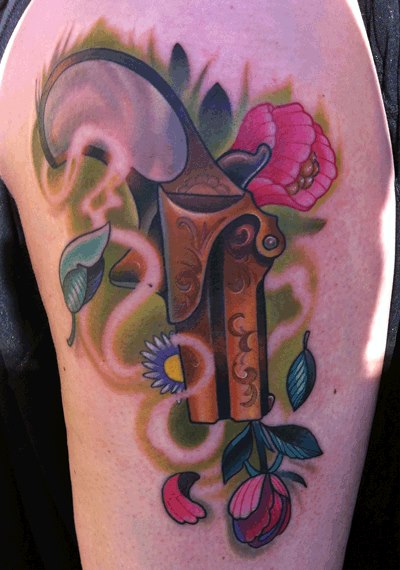 Fantasy Leg Gun Tattoo by Vince Villalvazo