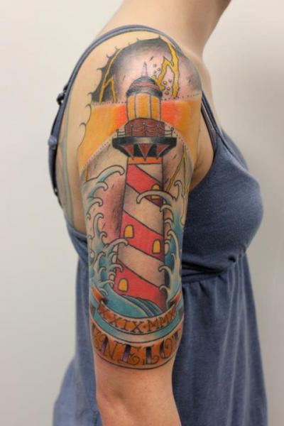 Shoulder New School Lighthouse Tattoo by Tantrix Body Art