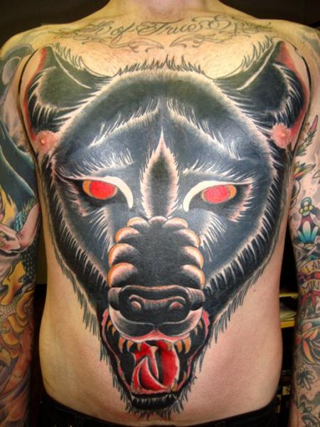 Chest Old School Wolf Belly Tattoo by Ollie XXX