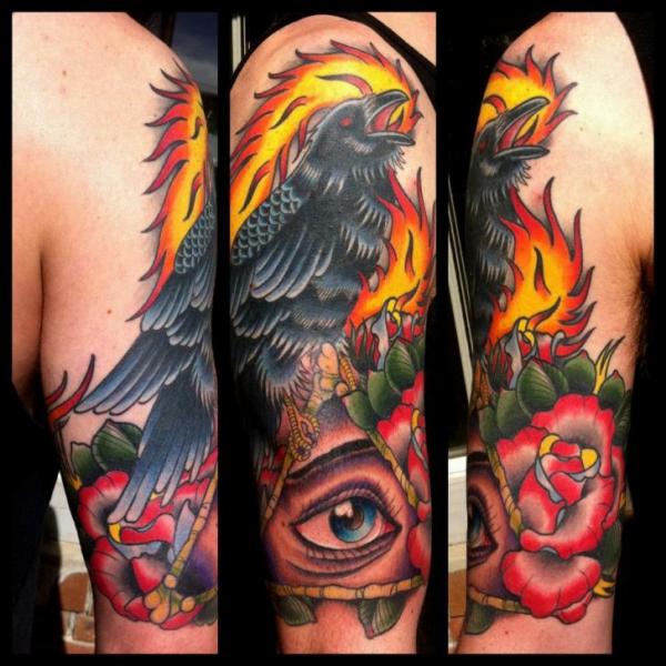 Shoulder Arm New School Flower God Crow Flame Tattoo by Ollie XXX