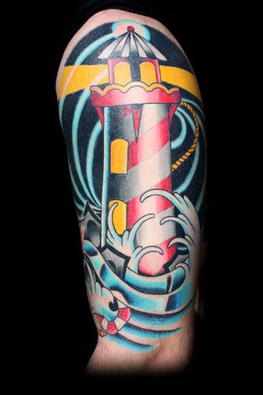 Shoulder Arm New School Lighthouse Tattoo by Ollie XXX