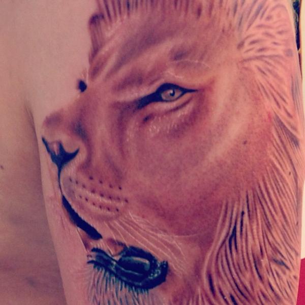 Shoulder Realistic Lion Tattoo by Fatih Odabaş
