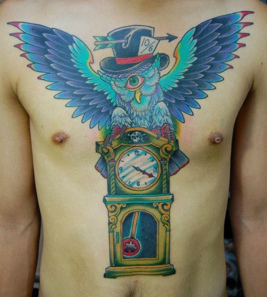 Uhr New School Brust Eulen Bauch Hut Tattoo von Illsynapse