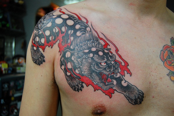 Shoulder Chest Japanese Lion Tattoo by Illsynapse