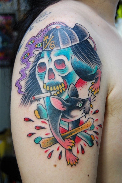 Shoulder New School Skull Mouse Tattoo by Illsynapse
