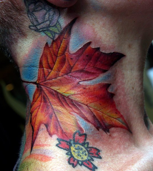 Realistic Neck Leaf Tattoo by Cecil Porter