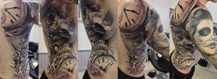 Gear Clock Side Skull Women Back Tattoo by Putka Tattoos