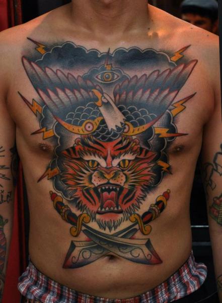 Chest Old School Eagle Belly Lion Flame Sword Tattoo by Hand Made Tattoo