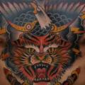 Brust Old School Adler Bauch Löwen Flammen Schwert tattoo von Hand Made Tattoo