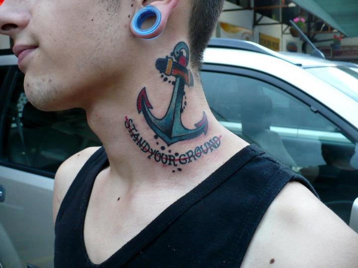 Old School Lettering Neck Anchor Tattoo by Hand Made Tattoo