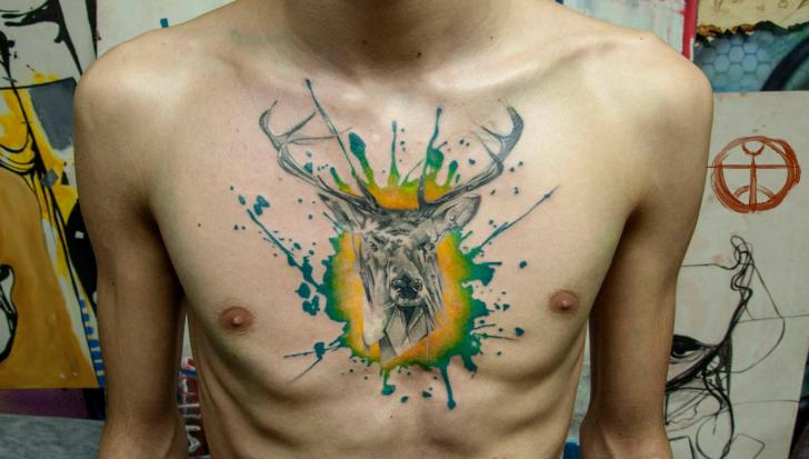 Chest Deer Tattoo by Galata Tattoo