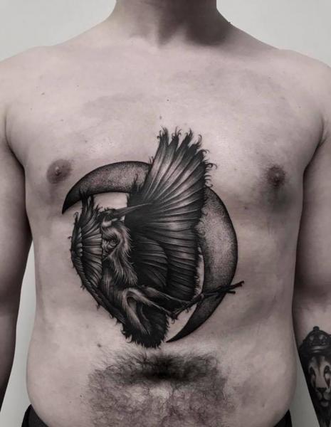 Side Belly Crow Moon Tattoo by 9th Circle