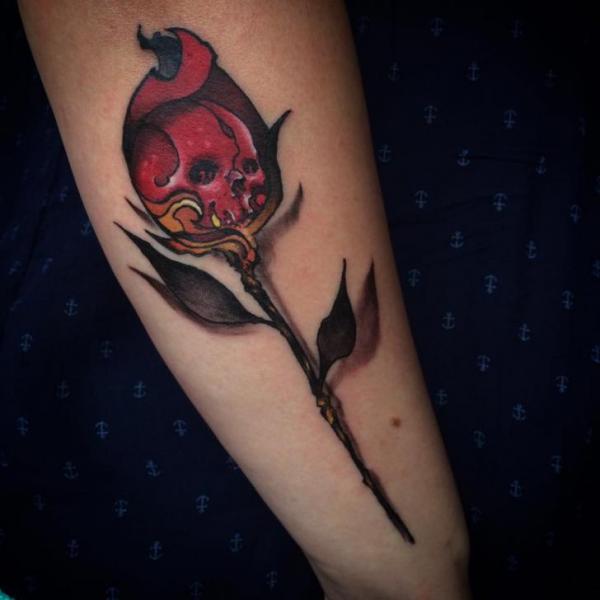 Flower Skull Thigh Tattoo by 9th Circle