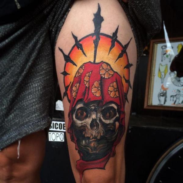 Skull Thigh Tattoo by 9th Circle
