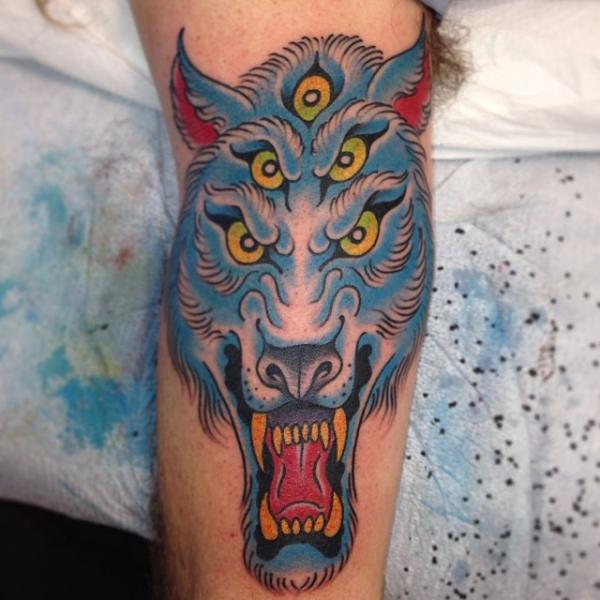 New School Leg Wolf Tattoo by Rock of Age