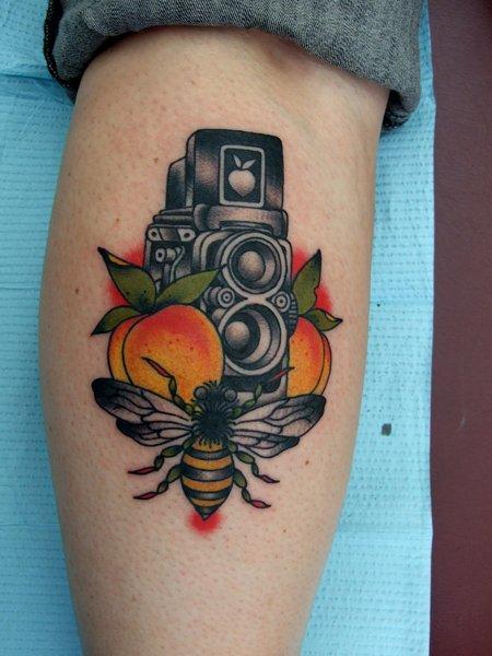 Calf Camera Bee Tattoo by Three Kings Tattoo