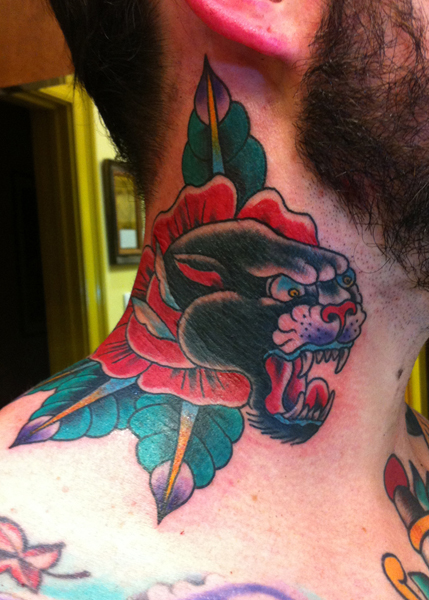 New School Flower Neck Panther Tattoo by Three Kings Tattoo