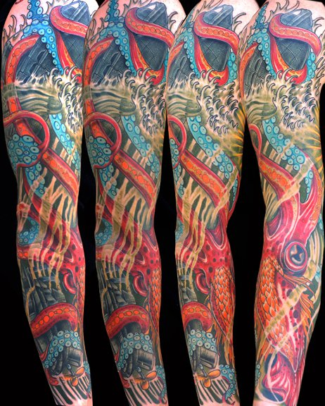 Tatuaż Ośmiornica Rękaw przez Three Kings Tattoo